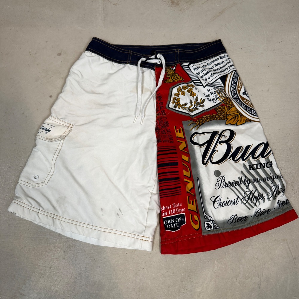 Budweiser Mens Board Shorts Swim Trunks White Red Graphic Logo Size 30 2009